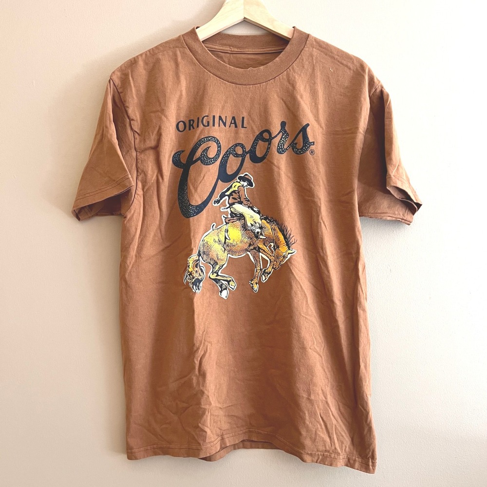 Original Coors Beer Cowboy Horse Graphic T-Shirt Mens Medium Brown Cotton